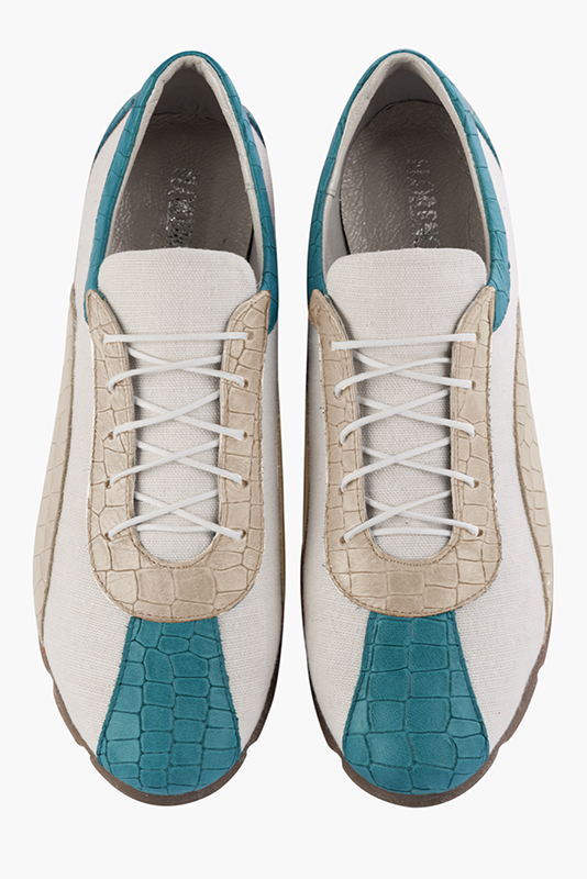 Turquoise blue and pure white women's three-tone elegant sneakers. Round toe. Flat rubber soles. Top view - Florence KOOIJMAN